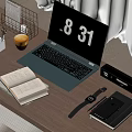 Modern Laptop Displaying Time on Wooden Desk with Open Book Coffee Cup and Workspace Items