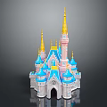 Colorful Fairy Tale Castle with Blue Roofs Golden Spires and Pink White Exterior