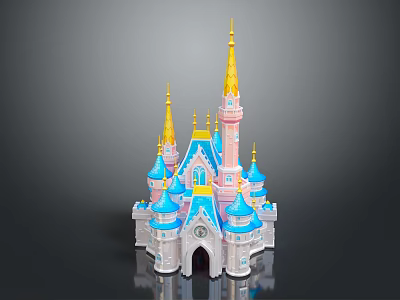 Colorful Fairy Tale Castle with Blue Roofs Golden Spires and Pink White Exterior 3d model