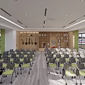 Modern Meeting Room With Rows Of Chairs Podium Digital Display And Green Curtains