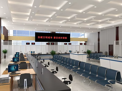 Spacious Bright Smart Service Hall With Service Windows Blue Seats And Computer Equipment 3d model
