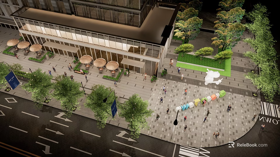 Modern Commercial Landscape with Outdoor Plaza Pedestrians Greenery and Seating 3d model 