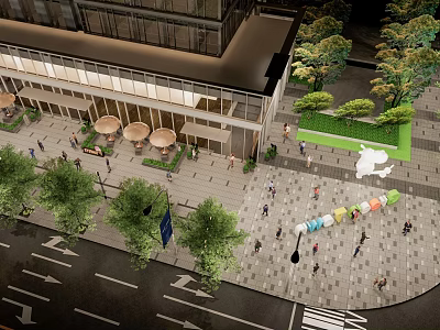 Modern Commercial Landscape with Outdoor Plaza Pedestrians Greenery and Seating 3d model