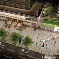 Modern Commercial Landscape with Outdoor Plaza Pedestrians Greenery and Seating