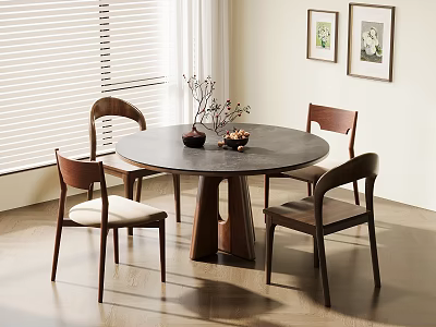 Modern Round Wooden Dining Table Set with Four Upholstered Chairs and Decorative Vases 3d model