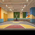 Indoor Gym With Running Track Fitness Equipment Orange Wall Next Run Sign And Green Area