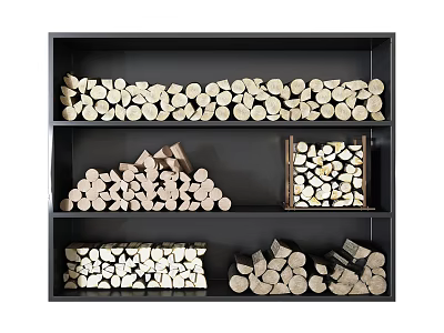 Stone Wood Storage in Black Shelf with Stacked Logs and Various Pieces 3d model