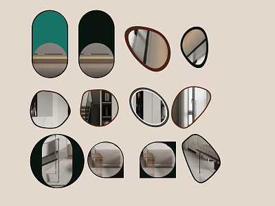 Various Shaped Mirrors With Black Green Brown Frames Reflecting Room Interiors 3d model