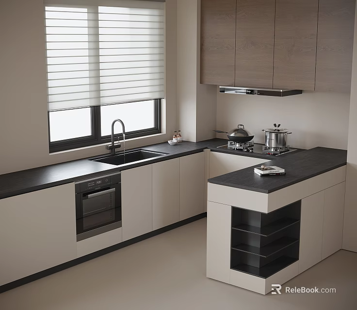 Modern Kitchen Interior With Wood Cabinets Black Countertop Island And Appliances 3d model 