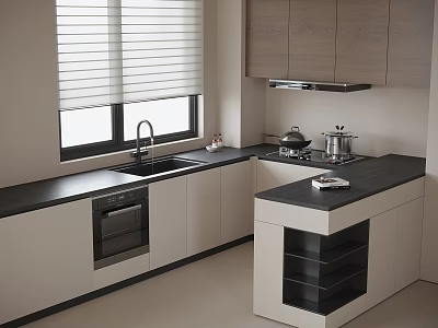 Modern Kitchen Interior With Wood Cabinets Black Countertop Island And Appliances 3d model