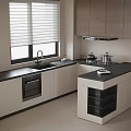 Modern Kitchen Interior With Wood Cabinets Black Countertop Island And Appliances