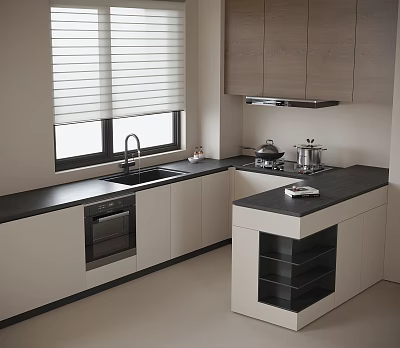 Modern Kitchen Interior With Wood Cabinets Black Countertop Island And Appliances 3d model