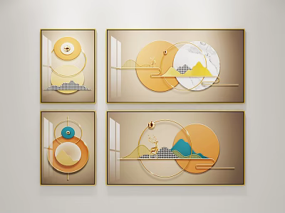 Modern Decorative Wall Art With Geometric Elements Orange Blue Tones And Gold Frames 3d model