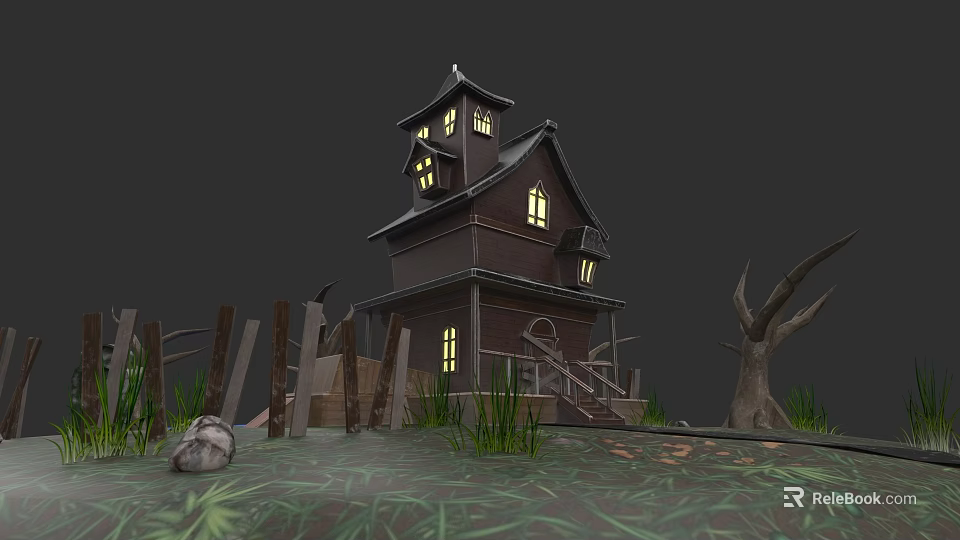 Dark Detached Villa With Tower Lit Windows Ramshackle Fence And Dead Trees 3d model 