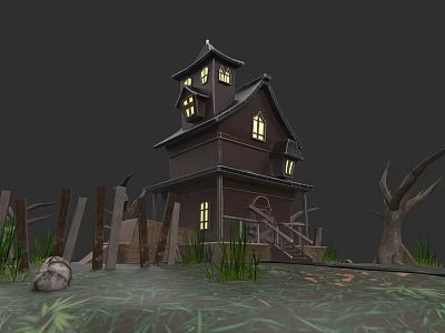 Dark Detached Villa With Tower Lit Windows Ramshackle Fence And Dead Trees 3d model