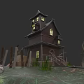 Dark Detached Villa With Tower Lit Windows Ramshackle Fence And Dead Trees