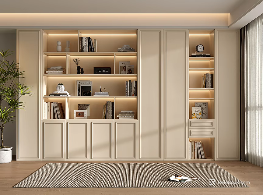 Modern Light Colored Bookshelf with Built in Lighting Cabinets and Decor in Living Room 3d model 