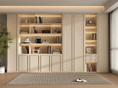 Modern Light Colored Bookshelf with Built in Lighting Cabinets and Decor in Living Room 3d model