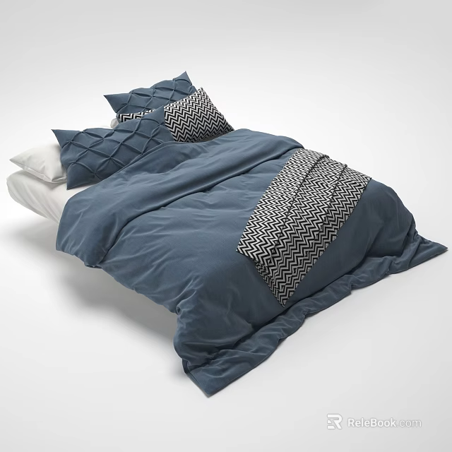 Cozy Double Bed With Soft Blue Comforter And Geometric Patterned Pillows 3d model 