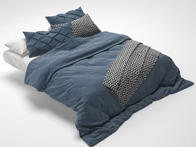 Cozy Double Bed With Soft Blue Comforter And Geometric Patterned Pillows 3d model