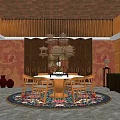 Chinese Style Private Dining Box With Wooden Decor Mural Round Table Chairs Chandelier And Rug