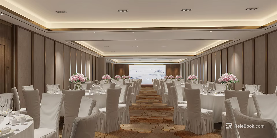 Banquet Hall Interior With Round Tables White Chairs And Floral Centerpieces 3d model 