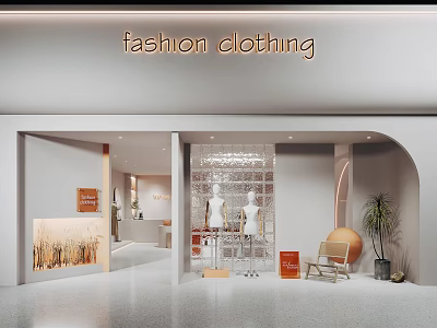 Modern Fashion Clothing Store Interior With Glass Display Mannequins And Decorative Plants 3d model