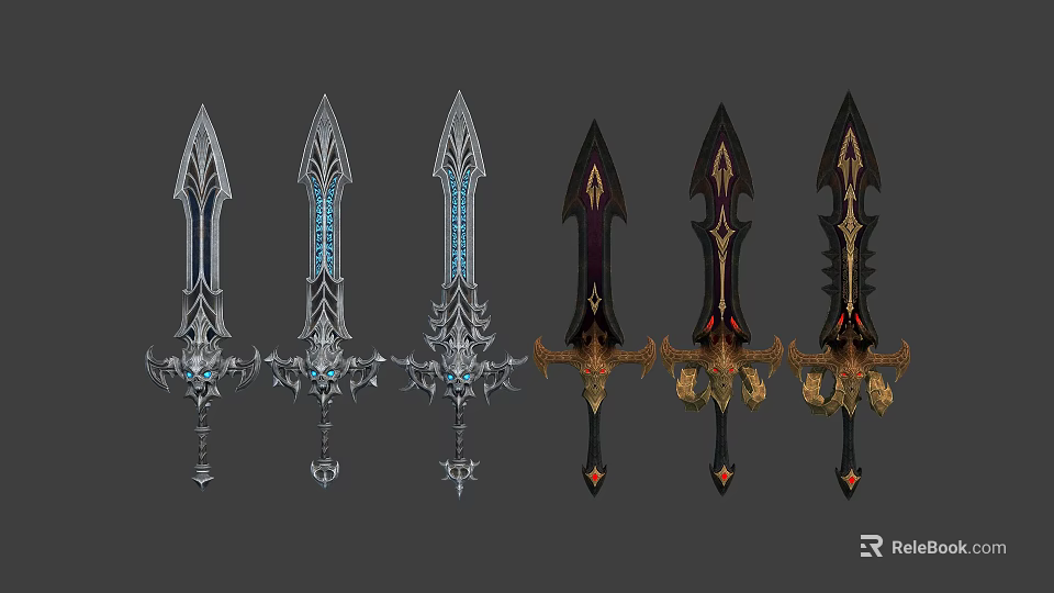 Fantasy Swords Collection With Intricate Designs And Decorative Details In Various Colors 3d model 