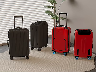 Stylish Hard Shell Suitcases in Black and Red with Wheels and Handles in Indoor Setting 3d model