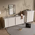 Modern Minimalist Console Cabinet And Side Cabinet With Plants Mirror Lamp And Decorative Rug