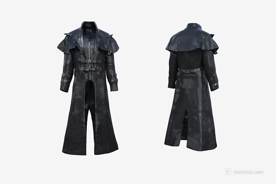 Stylish Black Long Leather Coat With Shoulder Details And Belt Front Back Views 3d model 
