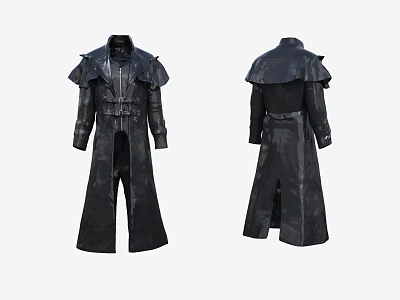 Stylish Black Long Leather Coat With Shoulder Details And Belt Front Back Views 3d model