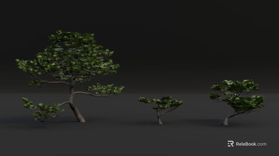 Green Leafy Arbors In Different Sizes Standing On Dark Background 3d model