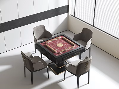 Modern Mahjong Entertainment Table With Four Gray Upholstered Chairs And Red Gold Inlaid Top 3d model