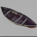 Traditional Wooden Boat With Dark Hull Light Edges And Wooden Seats For Water Transport