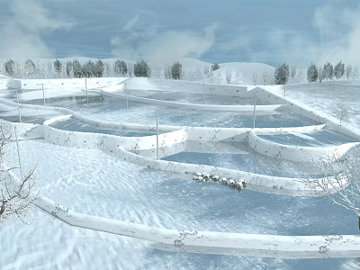 Snowy Winter Landscape With Icy Pools And Wavy White Structures Under Cloudy Sky 3d model