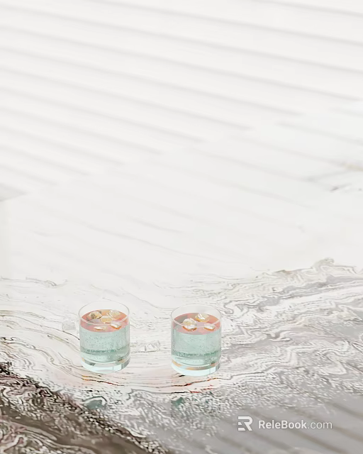 Decorative Ornament Set With Two Glass Cups Light Blue Liquid Petals On Marble Surface 3d model 