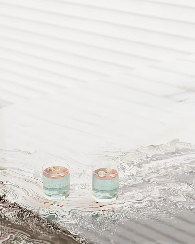 Decorative Ornament Set With Two Glass Cups Light Blue Liquid Petals On Marble Surface 3d model