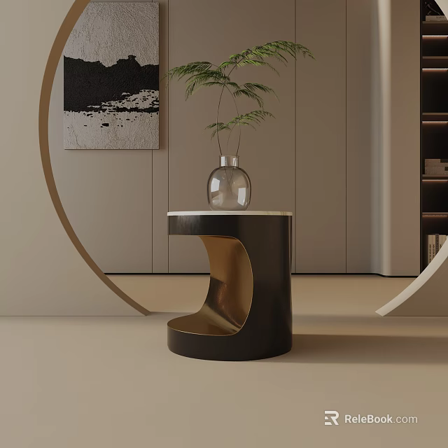 Modern Minimalist Side Table With Black And Gold Design And Vase With Plant In Interior 3d model 