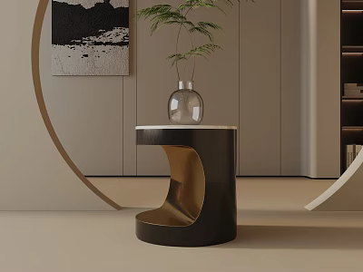 Modern Minimalist Side Table With Black And Gold Design And Vase With Plant In Interior 3d model