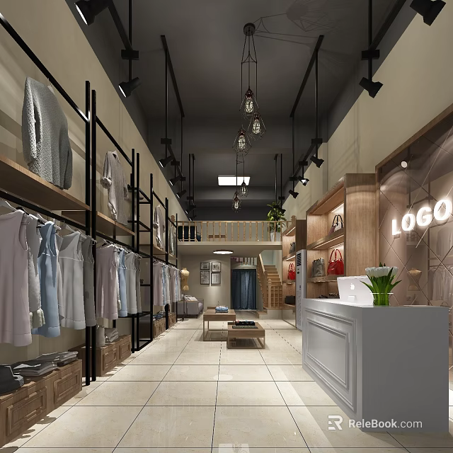 Modern Clothing Store Interior With Hanging Clothes Racks Pendant Lights And Checkout Counter 3d model 