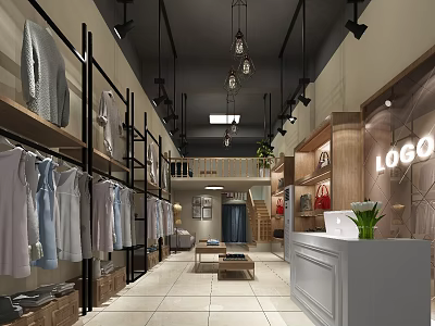Modern Clothing Store Interior With Hanging Clothes Racks Pendant Lights And Checkout Counter 3d model