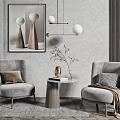 Casual Gray Sofa Set With Accent Chairs Side Table Artwork And Pendant Light 3d model