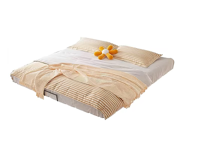 Double Bed with Striped Sheets Pillows Yellow Flower Shaped Cushion and Blanket 3d model