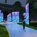 Outdoor Pathway With Illuminated Screens Colorful Patterns Trees And People Taking