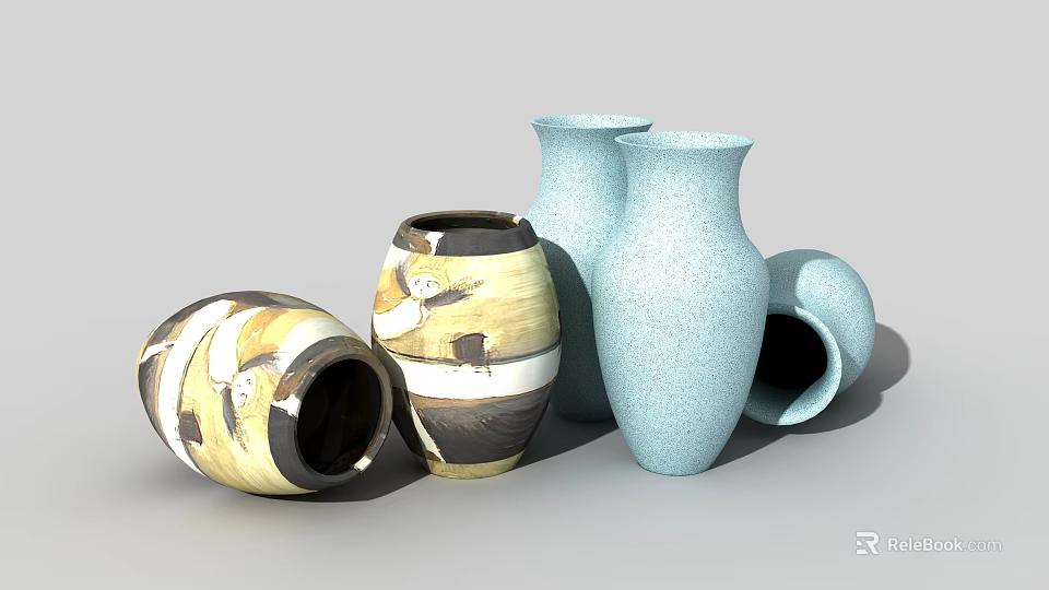 Ceramic Floral Vases With Blue Textured And Yellow Patterned Designs For Modern Home Decor 3d model 