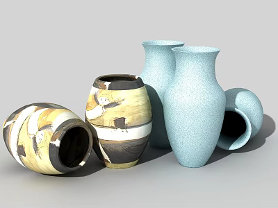 Ceramic Floral Vases With Blue Textured And Yellow Patterned Designs For Modern Home Decor 3d model