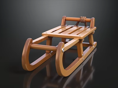 Wooden Sled with Rope Handle and Curved Skis for Winter Activities 3d model