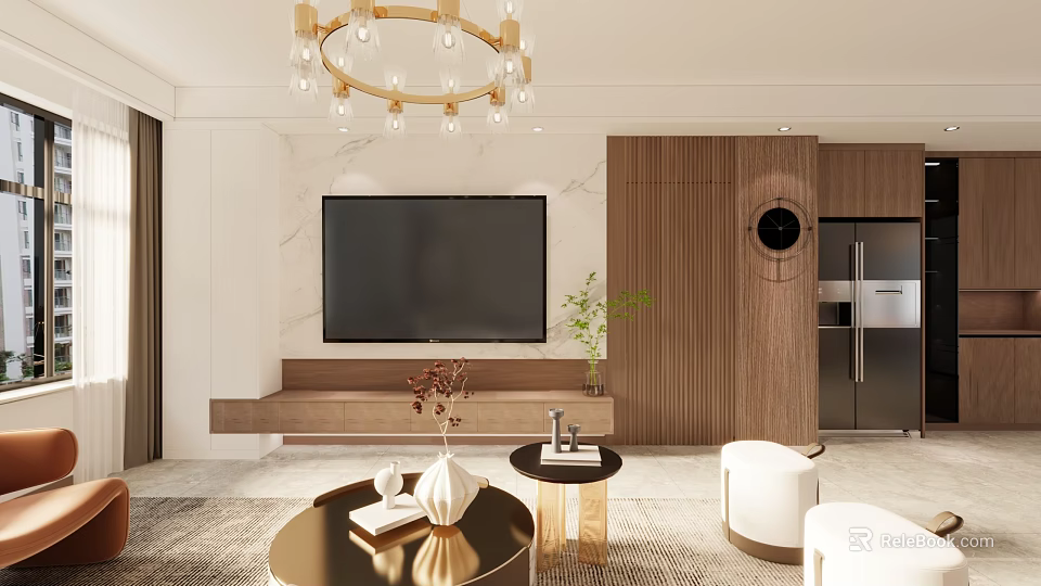 Modern TV Background Wall With Wooden Panels Marble Accents And Green Plant 3d model 