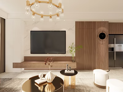 Modern TV Background Wall With Wooden Panels Marble Accents And Green Plant 3d model